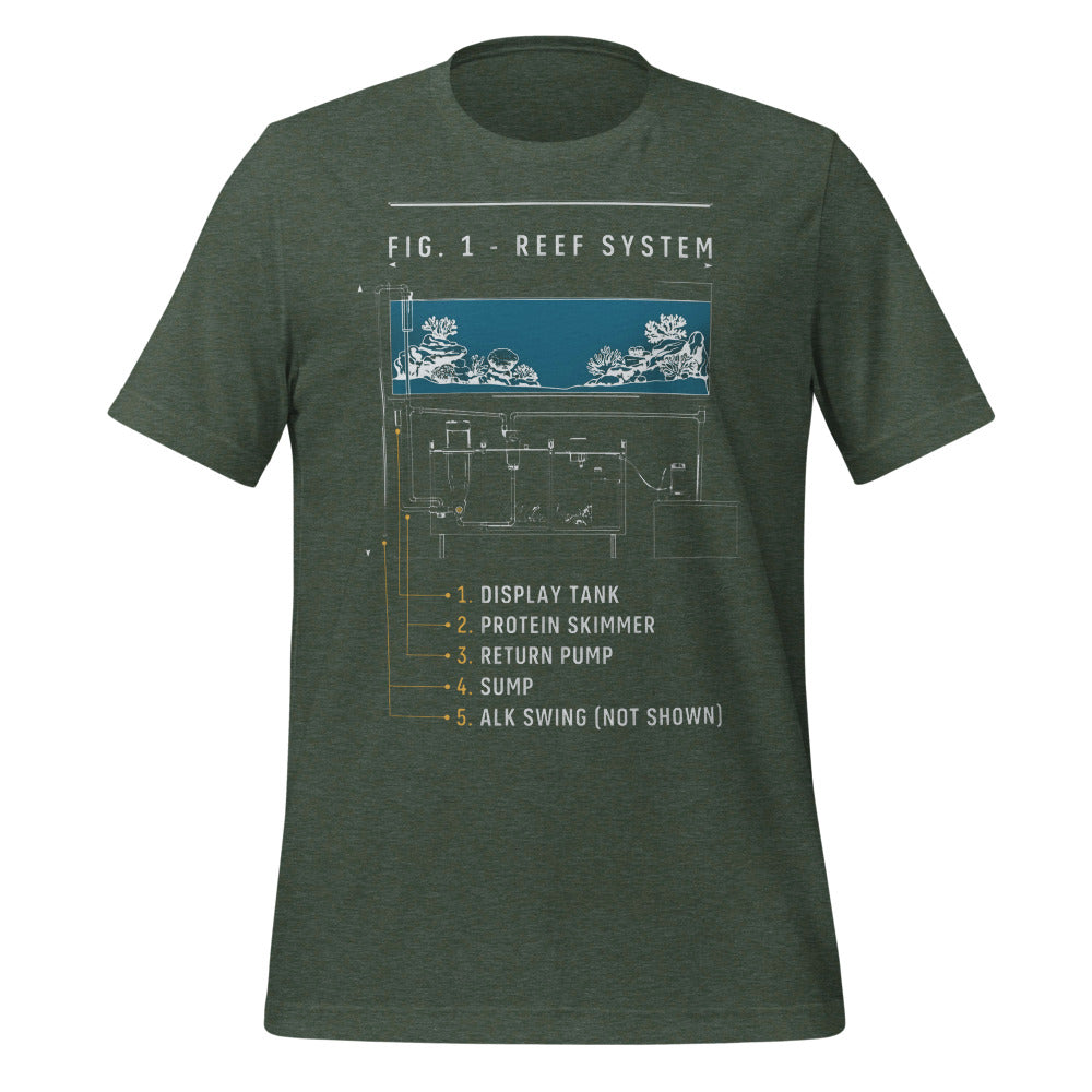 Reef System technical cutaway saltwater aquarium t-shirt — Heather Forest, front