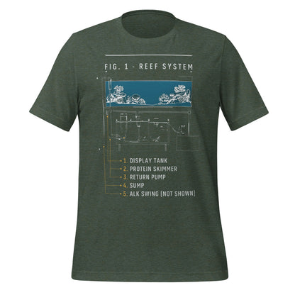 Reef System technical cutaway saltwater aquarium t-shirt — Heather Forest, front