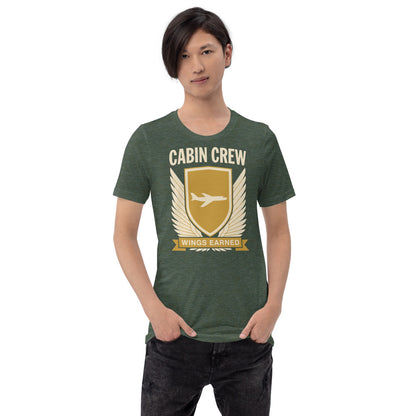 Wings Earned flight attendant tee — Heather Forest, on model