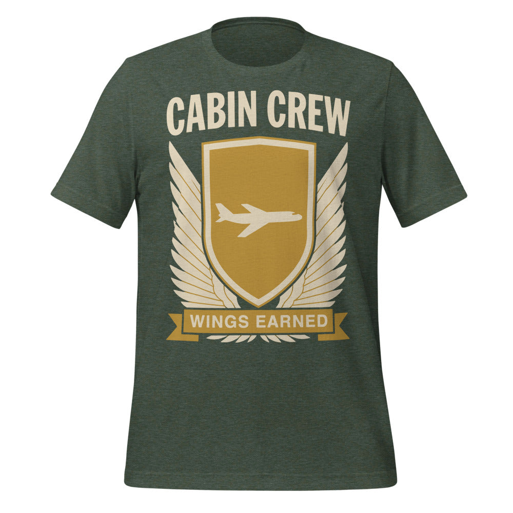 Wings Earned flight attendant tee — Heather Forest, front