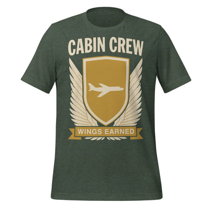 Wings Earned flight attendant tee — Heather Forest, front