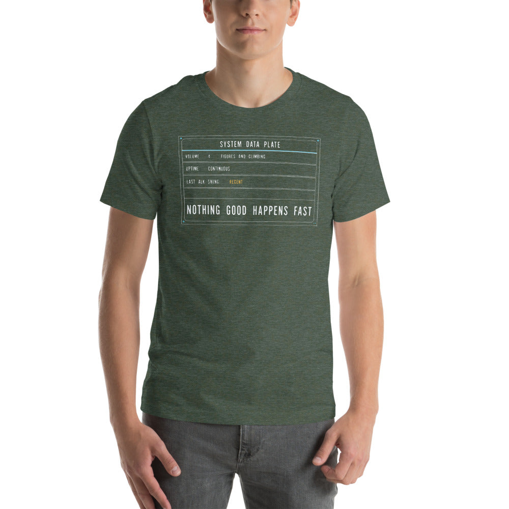 Nothing Good Happens Fast reef system data plate saltwater aquarium t-shirt — Heather Forest, on model