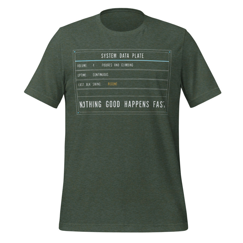 Nothing Good Happens Fast reef system data plate saltwater aquarium t-shirt — Heather Forest, front