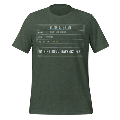 Nothing Good Happens Fast reef system data plate saltwater aquarium t-shirt — Heather Forest, front