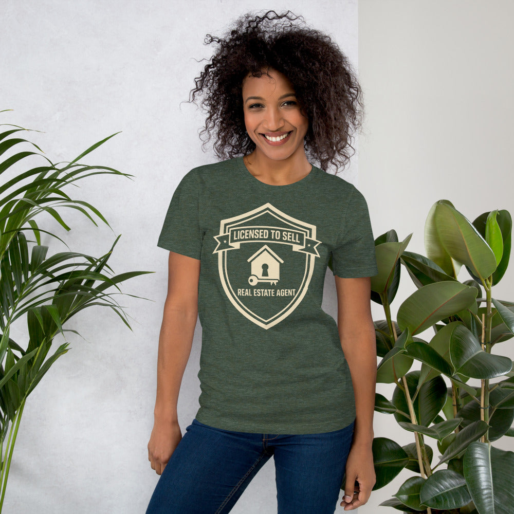 Licensed to Sell real estate agent tee — Heather Forest, on model