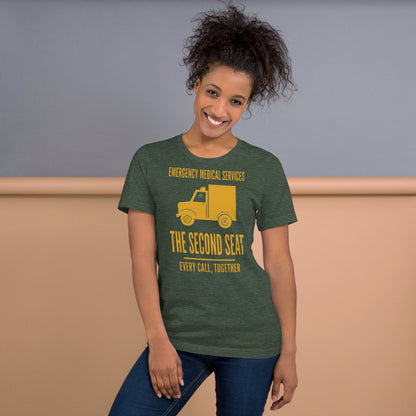 The Second Seat EMS paramedic tee — Heather Forest, on model