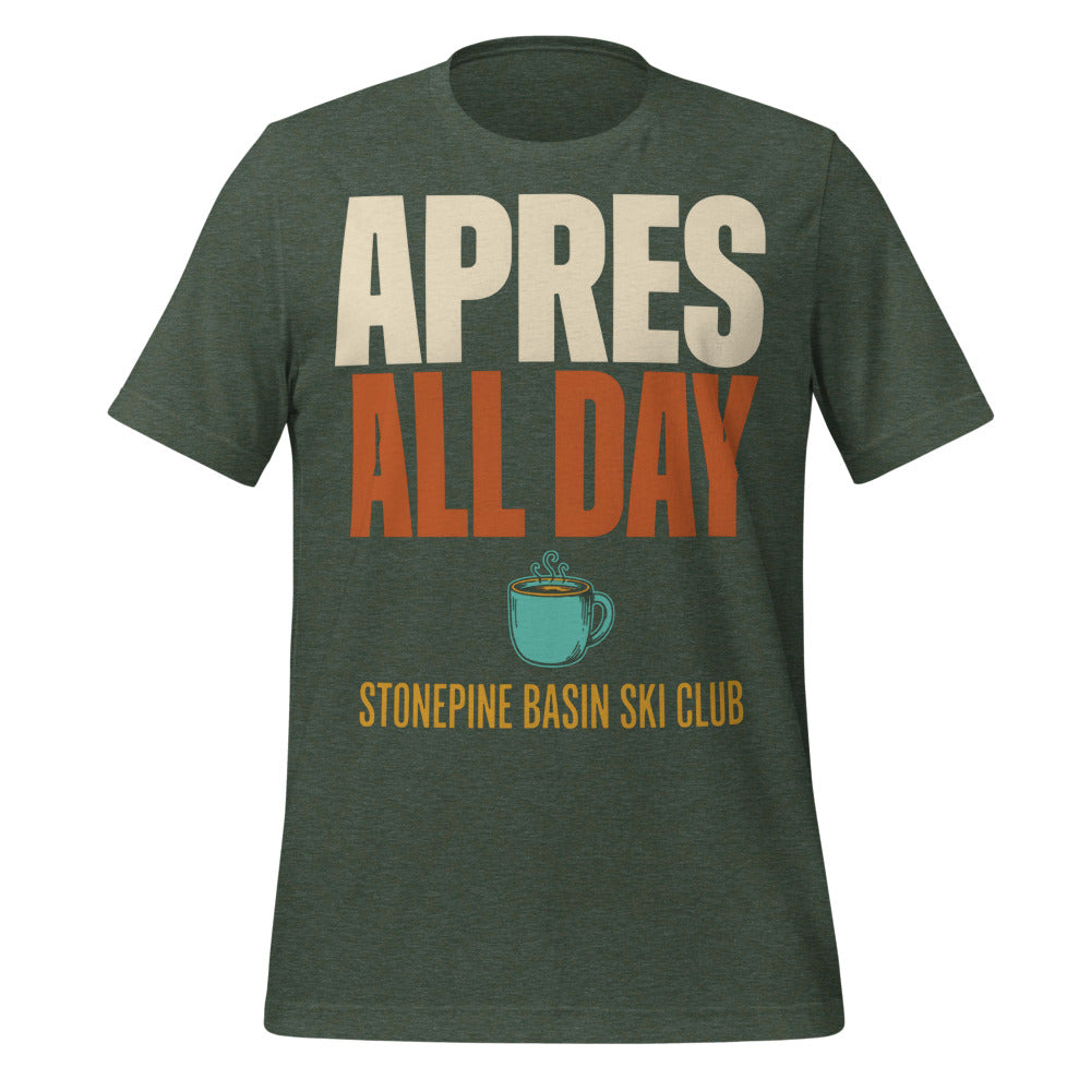 Après All Day Stonepine Basin Ski Club retro apres-ski t-shirt — Heather Forest, front