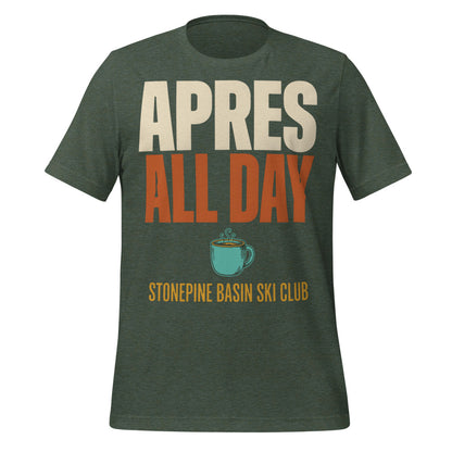 Après All Day Stonepine Basin Ski Club retro apres-ski t-shirt — Heather Forest, front