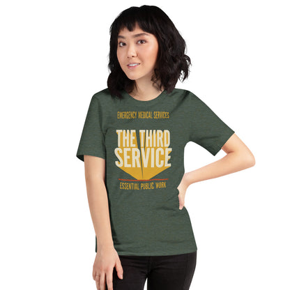 The Third Service EMS t-shirt — Heather Forest, on model