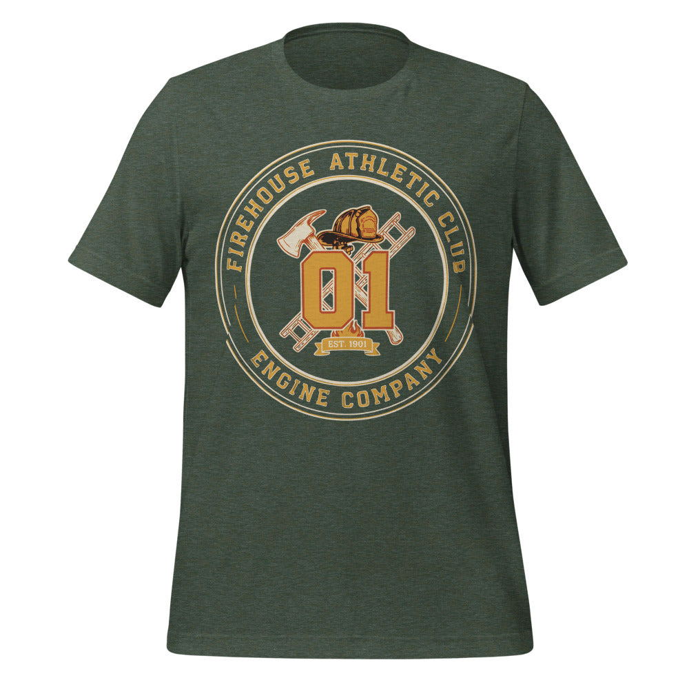 Firehouse Athletic Club retro firefighter emblem tee — Heather Forest, front