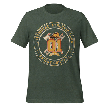 Firehouse Athletic Club retro firefighter emblem tee — Heather Forest, front