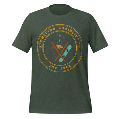 Stonepine Chairlift Co. retro vintage ski club badge t-shirt — Heather Forest, front