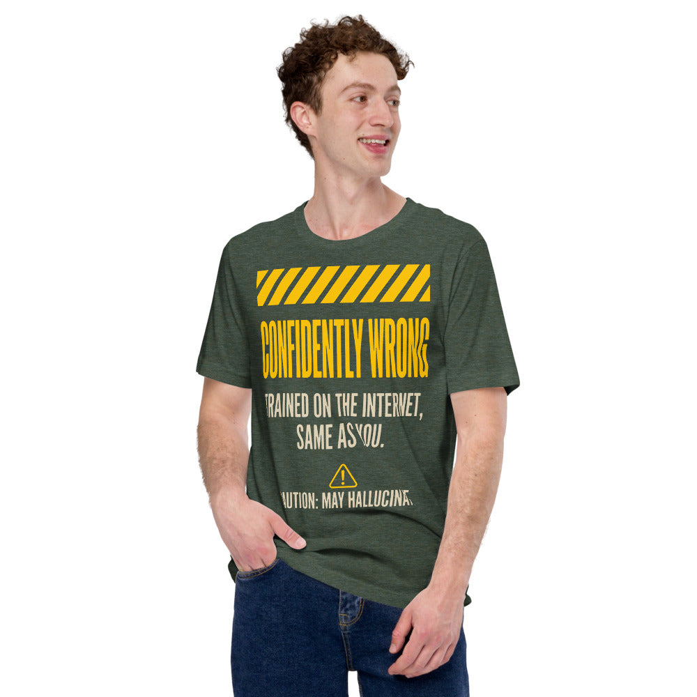 Confidently Wrong AI hazard-label unisex t-shirt — Heather Forest, on model