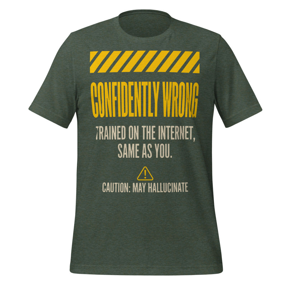Confidently Wrong AI hazard-label unisex t-shirt — Heather Forest, front
