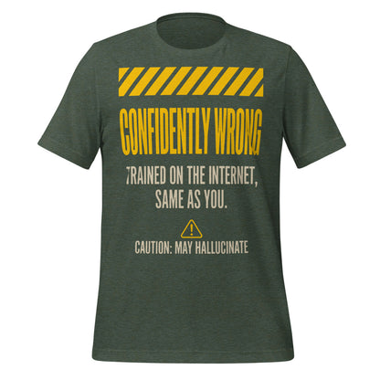 Confidently Wrong AI hazard-label unisex t-shirt — Heather Forest, front