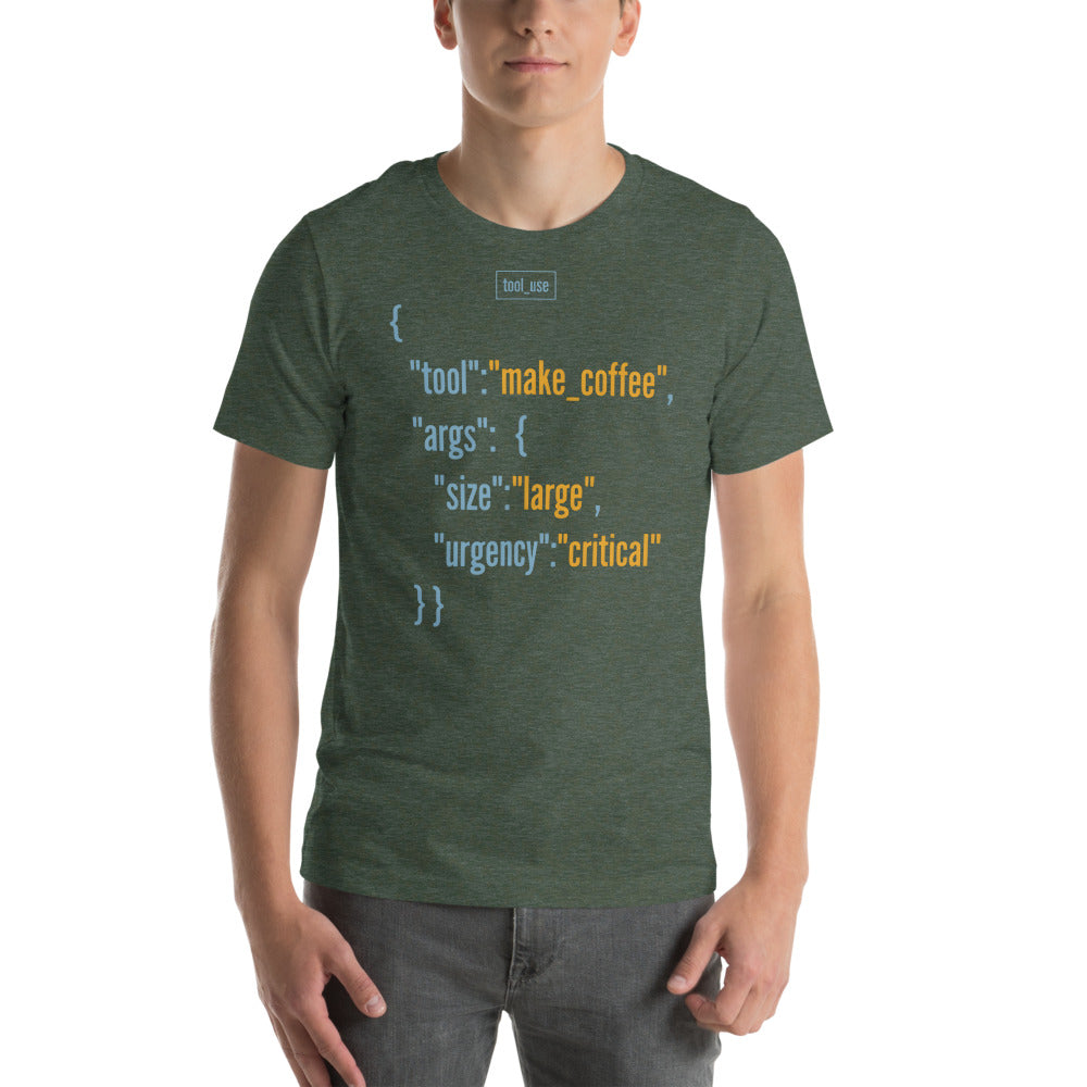 Tool Call Make Coffee AI engineer tee — Heather Forest, on model
