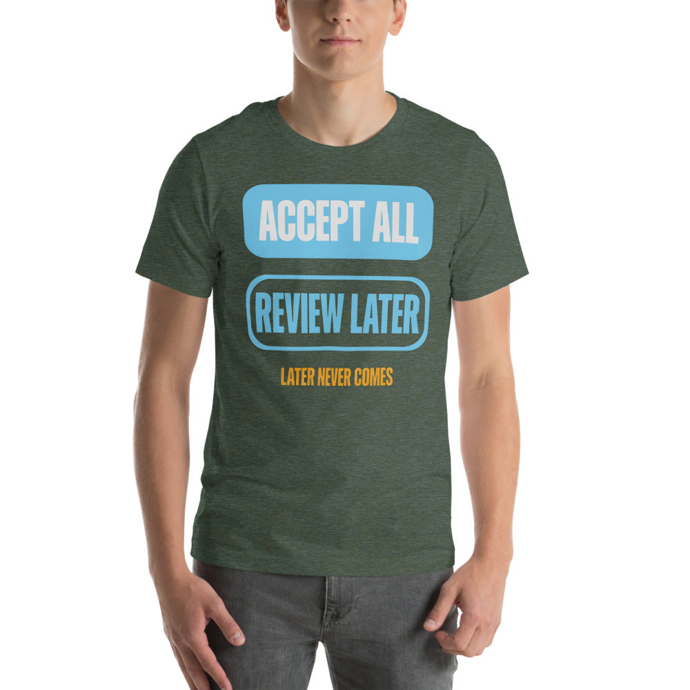Accept All Review Later tee — Heather Forest, on model