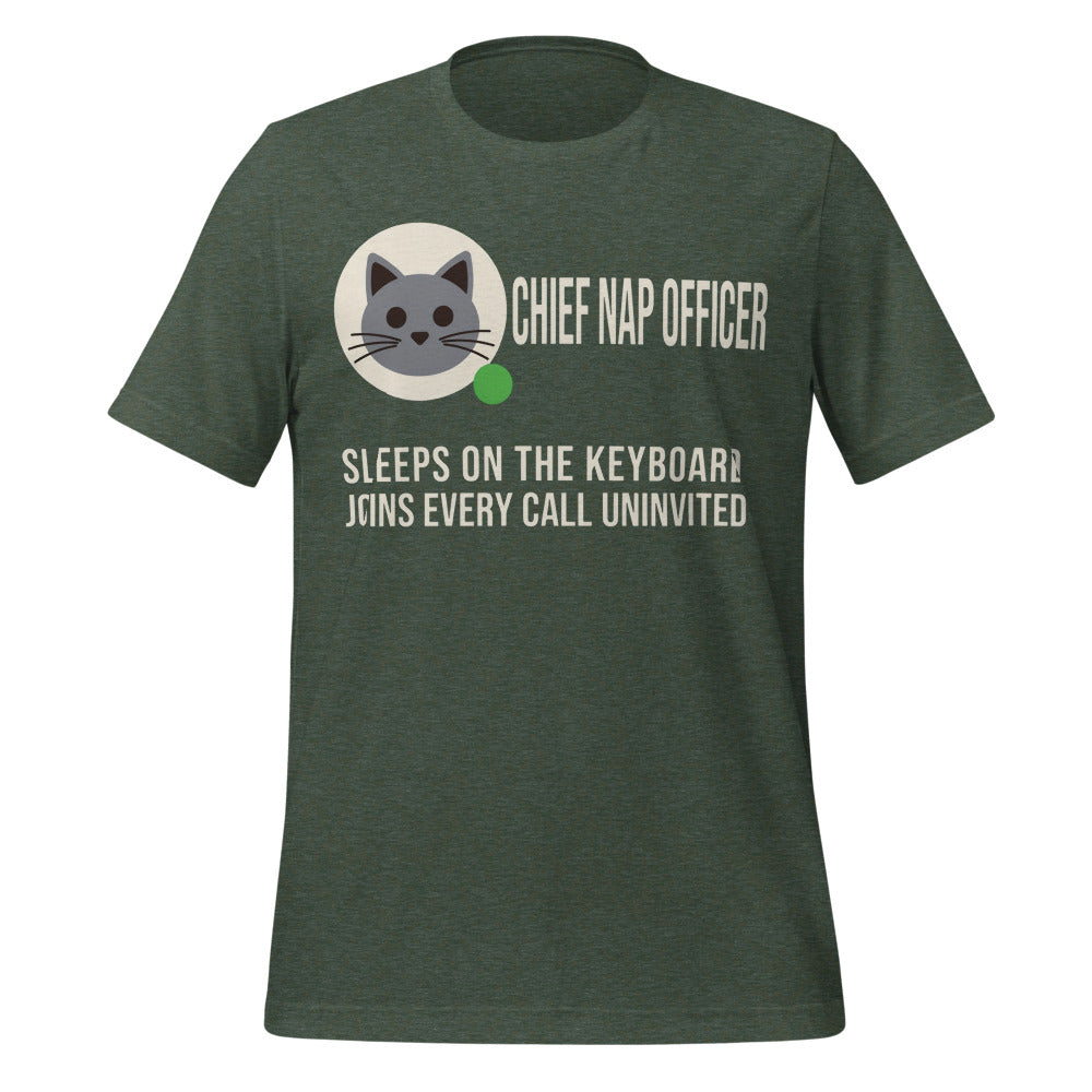 Chief Nap Officer cat profile card unisex t-shirt — Heather Forest, front