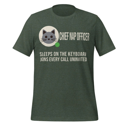 Chief Nap Officer cat profile card unisex t-shirt — Heather Forest, front