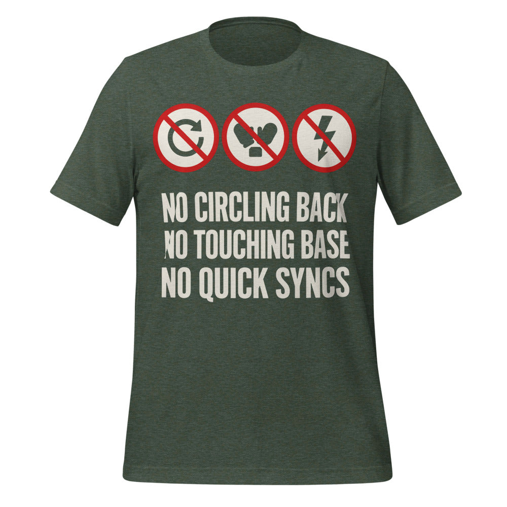 No Circling Back corporate jargon prohibition signs unisex t-shirt — Heather Forest, front
