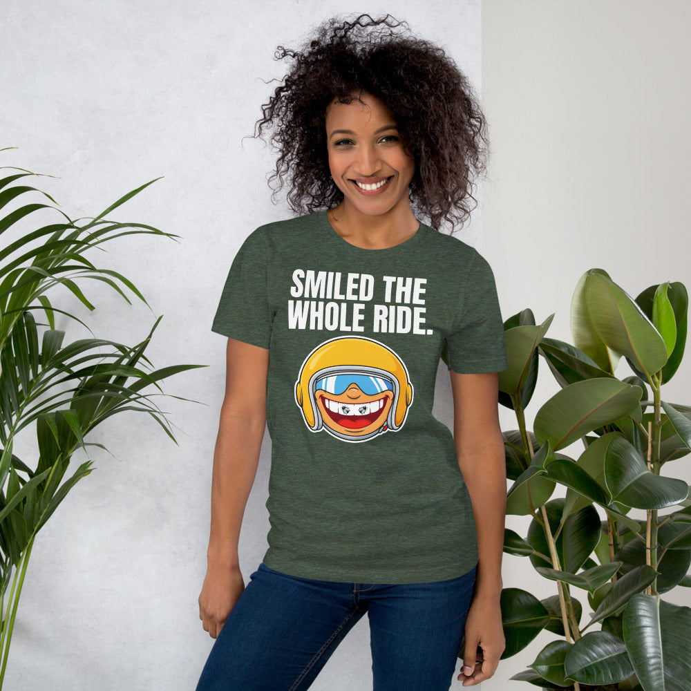 Smiled The Whole Ride funny motorcycle tee — Heather Forest, on model