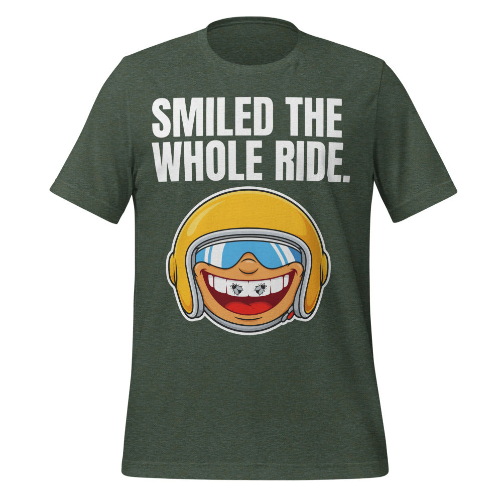 Smiled The Whole Ride funny motorcycle tee — Heather Forest, front
