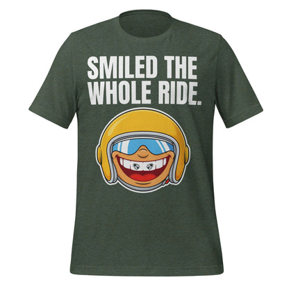 Smiled The Whole Ride funny motorcycle tee — Heather Forest, front