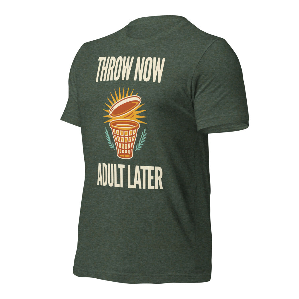 Funny disc golf shirt, Throw Now Adult Later disc golf retro tee — Heather Forest, front-right