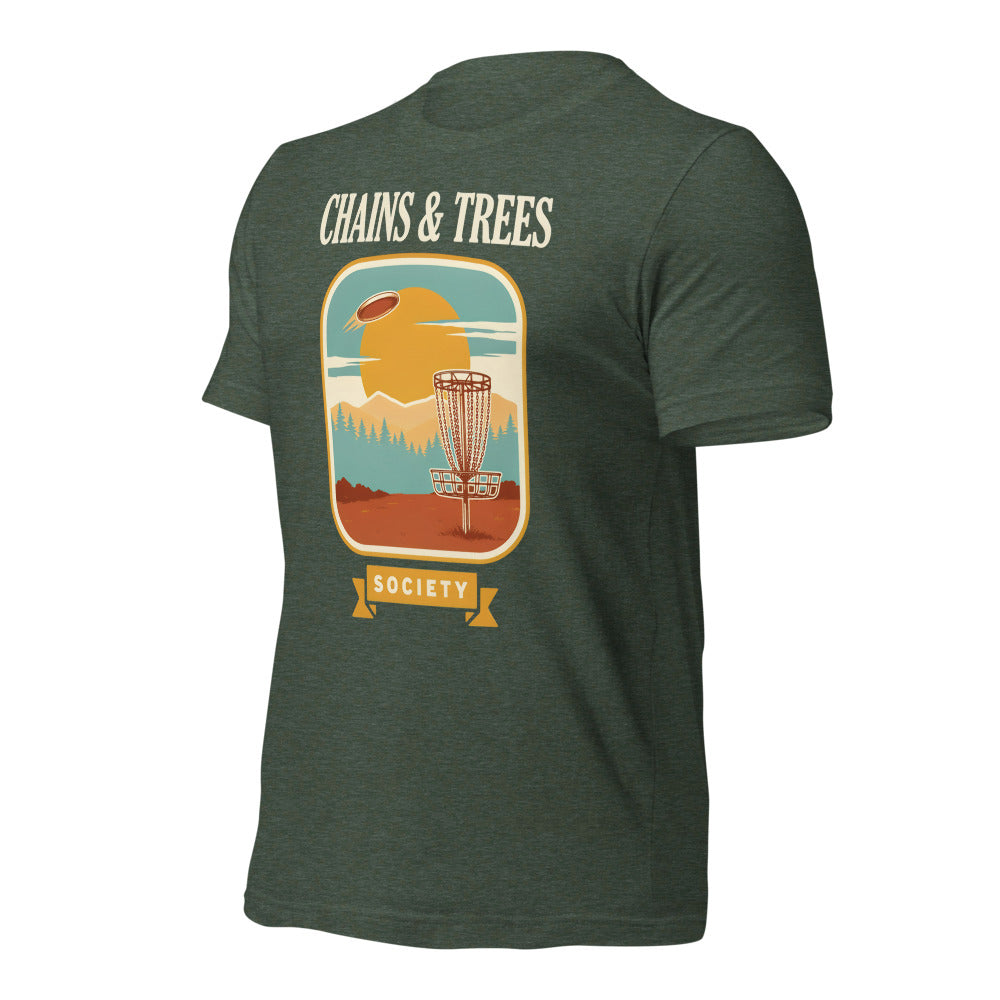 Chains & Trees Society disc golf retro landscape tee — Heather Forest, front right