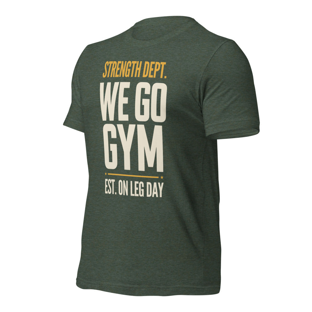 We Go Gym vintage athletic gym tee — Heather Forest, front right