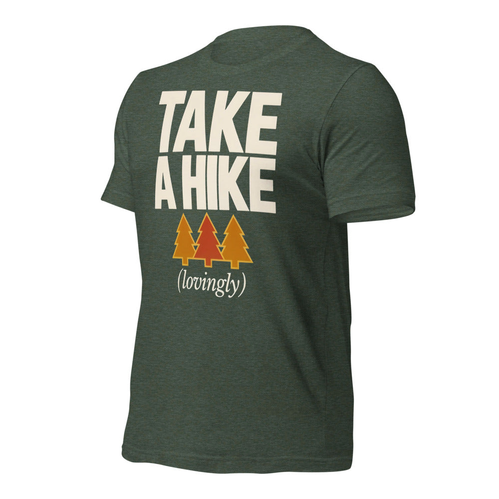 Take a Hike retro outdoors humor typography tee — Heather Forest, front-right