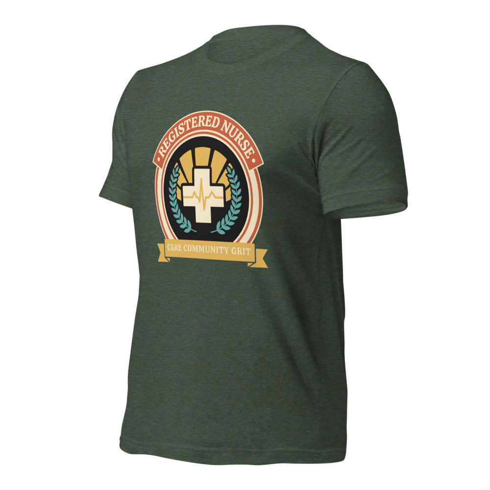 Registered Nurse vintage healthcare emblem badge tee — Heather Forest, front-right