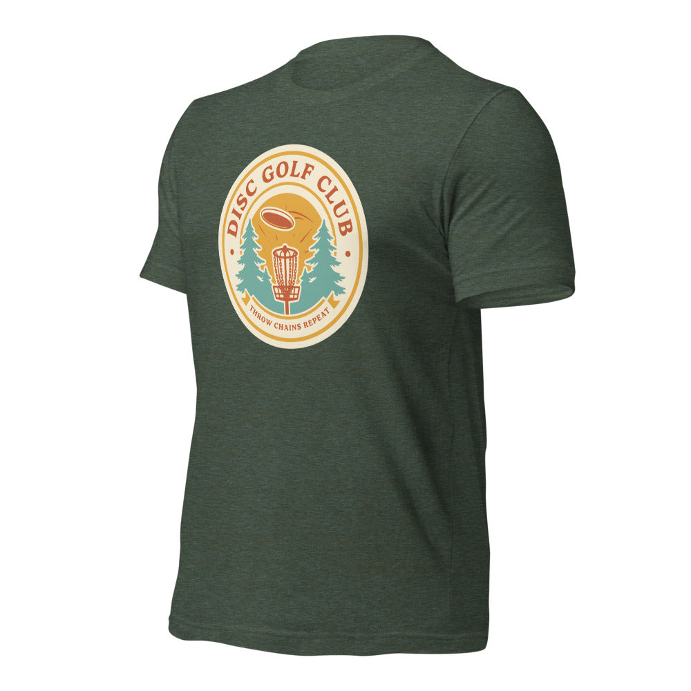 Disc Golf Club retro badge tee — Heather Forest, front-right