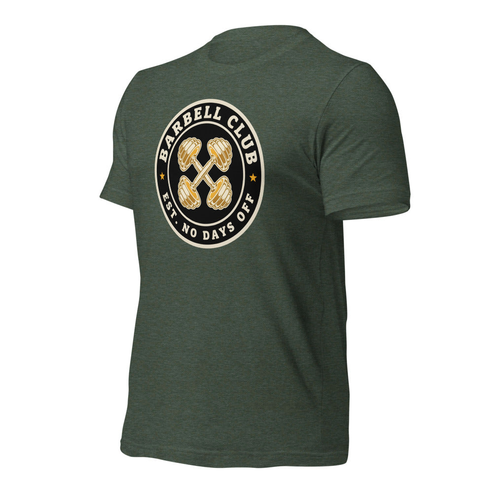 Barbell Club No Days Off vintage gym tee — Heather Forest, front-right