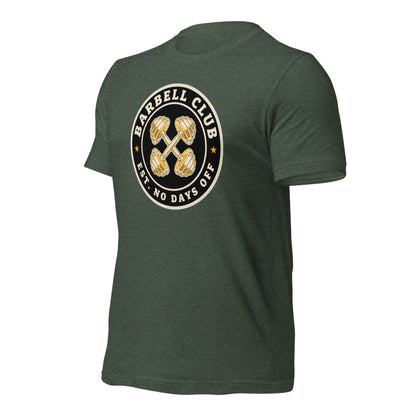 Barbell Club No Days Off vintage gym tee — Heather Forest, front-right