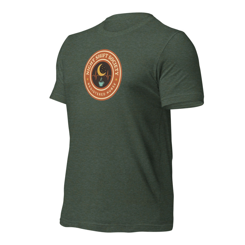 Night Shift Society retro registered nurse badge tee — Heather Forest, front-right