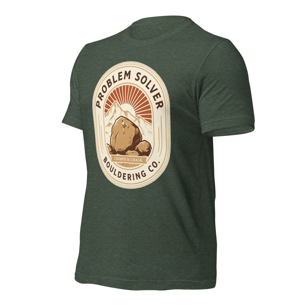 Problem Solver Bouldering Badge t-shirt — Heather Forest, front-right