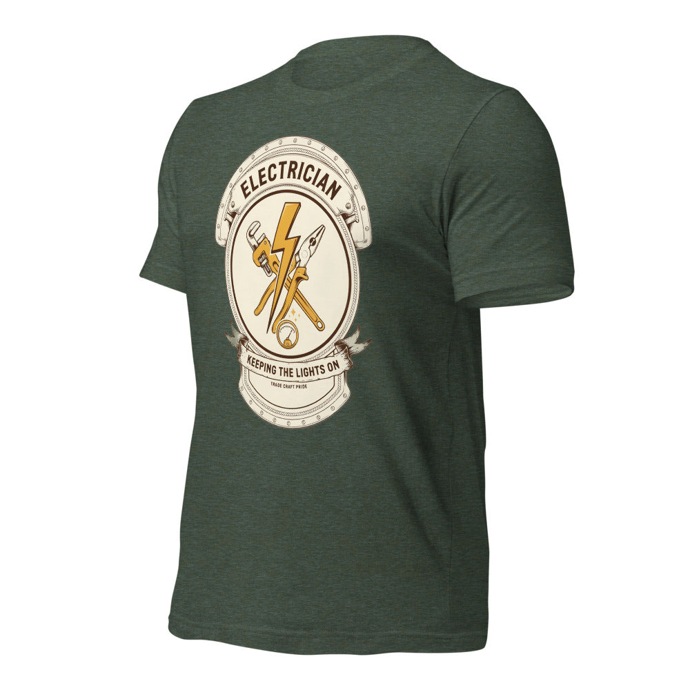 Electrician Journeyman trade crest tee — Heather Forest, front-right