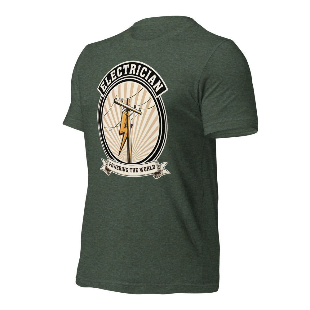 Powering The World electrician emblem tee — Heather Forest, front-right