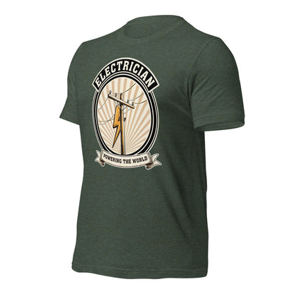 Powering The World electrician emblem tee — Heather Forest, front-right