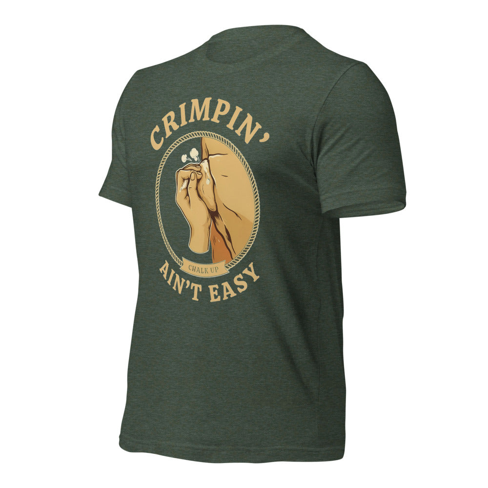 Crimpin' Ain't Easy bouldering badge t-shirt — Heather Forest, front-right