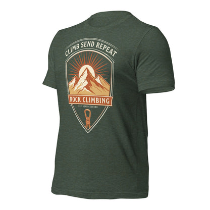 Climb Send Repeat mountaineering crest t-shirt — Heather Forest, front-right