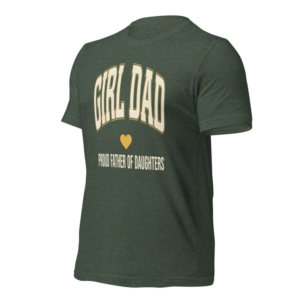 Girl Dad retro varsity tee — Heather Forest, front-right