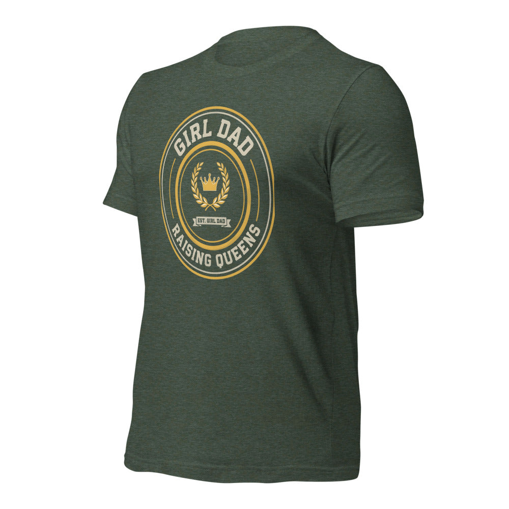 Girl Dad Raising Queens crest tee — Heather Forest, front-right