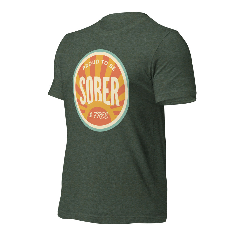 Sober & Proud retro sunburst tee — Heather Forest, front-right