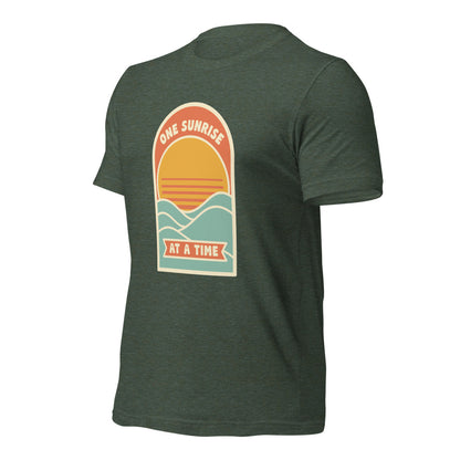 One Sunrise at a Time retro sunrise tee — Heather Forest, front-right