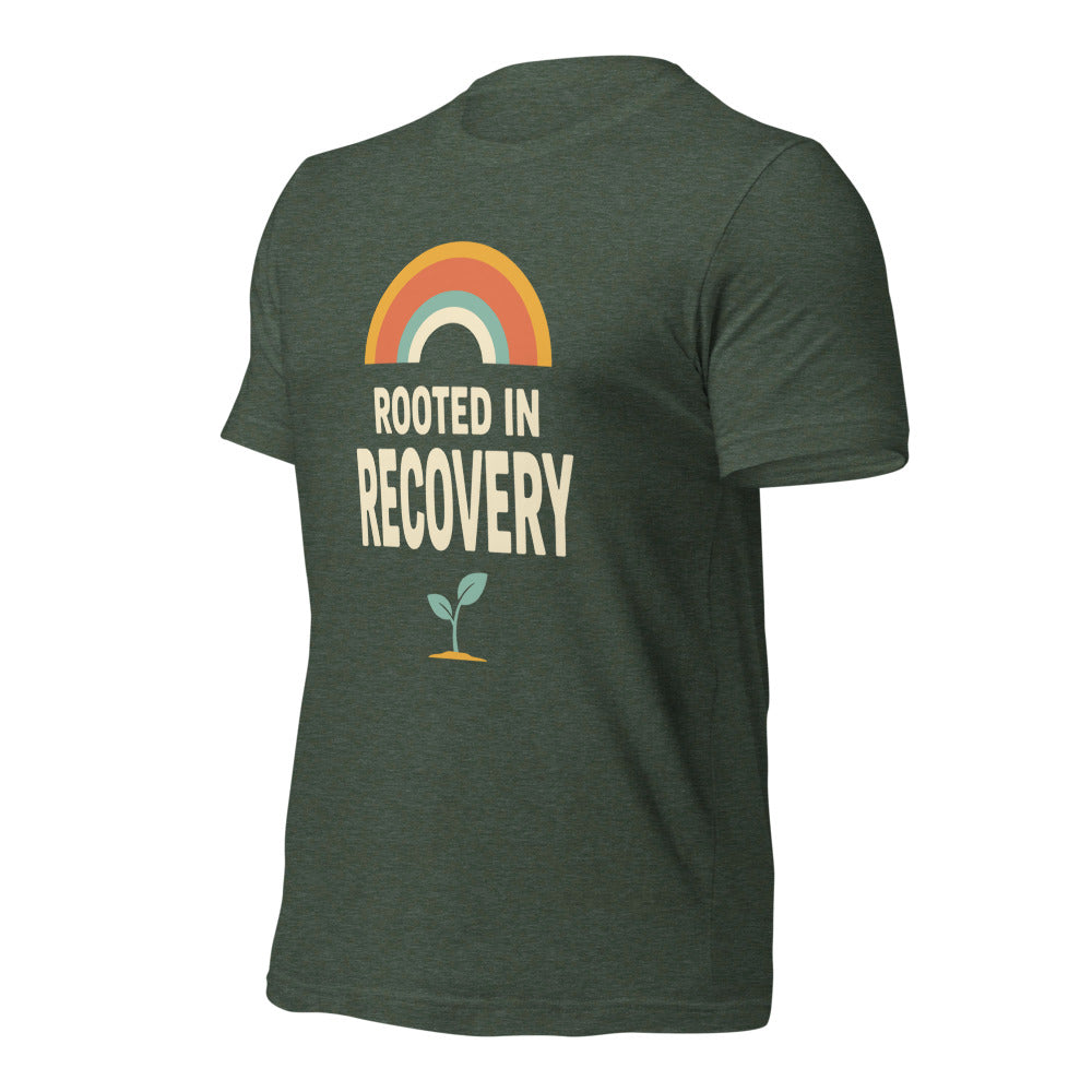 Rooted in Recovery retro rainbow tee — Heather Forest, front-right