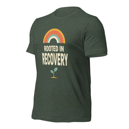 Rooted in Recovery retro rainbow tee — Heather Forest, front-right