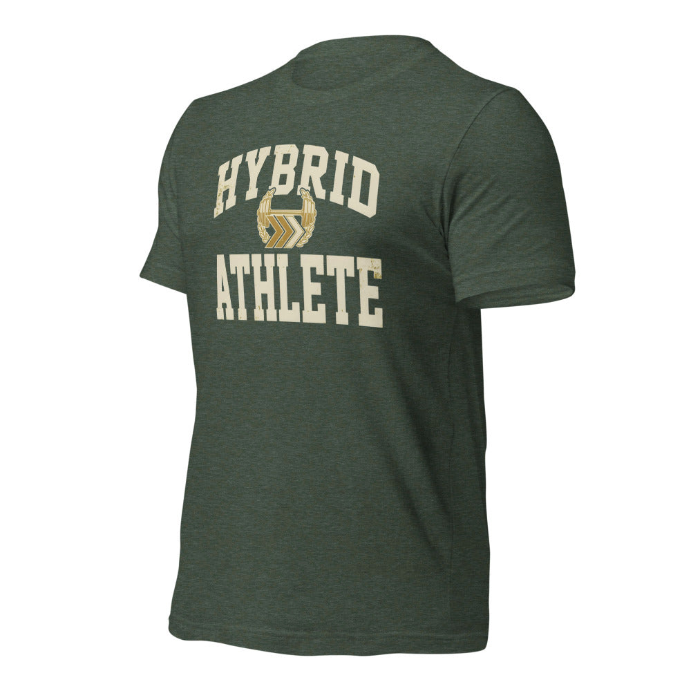 Hybrid Athlete vintage varsity tee — Heather Forest, front-right