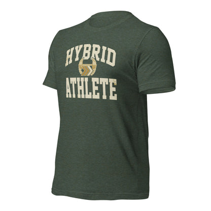 Hybrid Athlete vintage varsity tee — Heather Forest, front-right